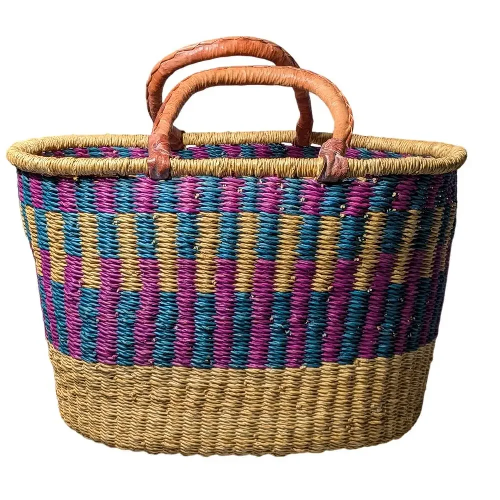 African Bolga Market Basket Large Ghana Tote Handwoven Leather Handles Boho